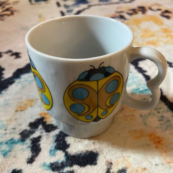 Vintage 1970s Stackable Mug RARE yellow ladybug Japan 60s MCM vtg groovy mugs - Picture 5 of 8